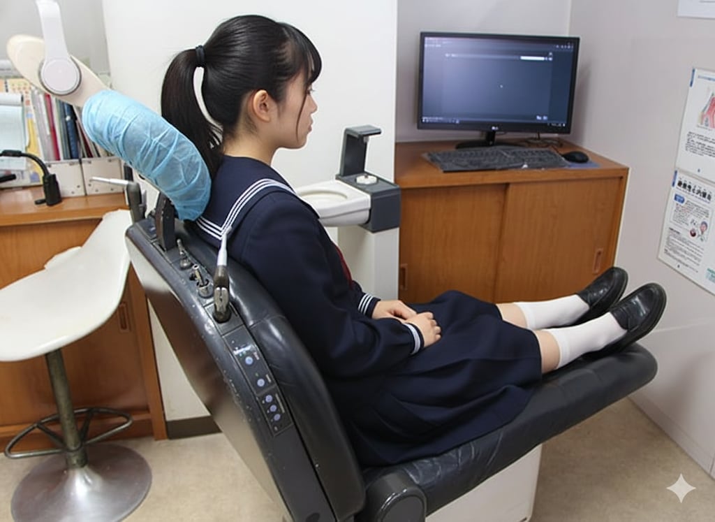 デンタルユニットで緊張して治療を待つ女子高生