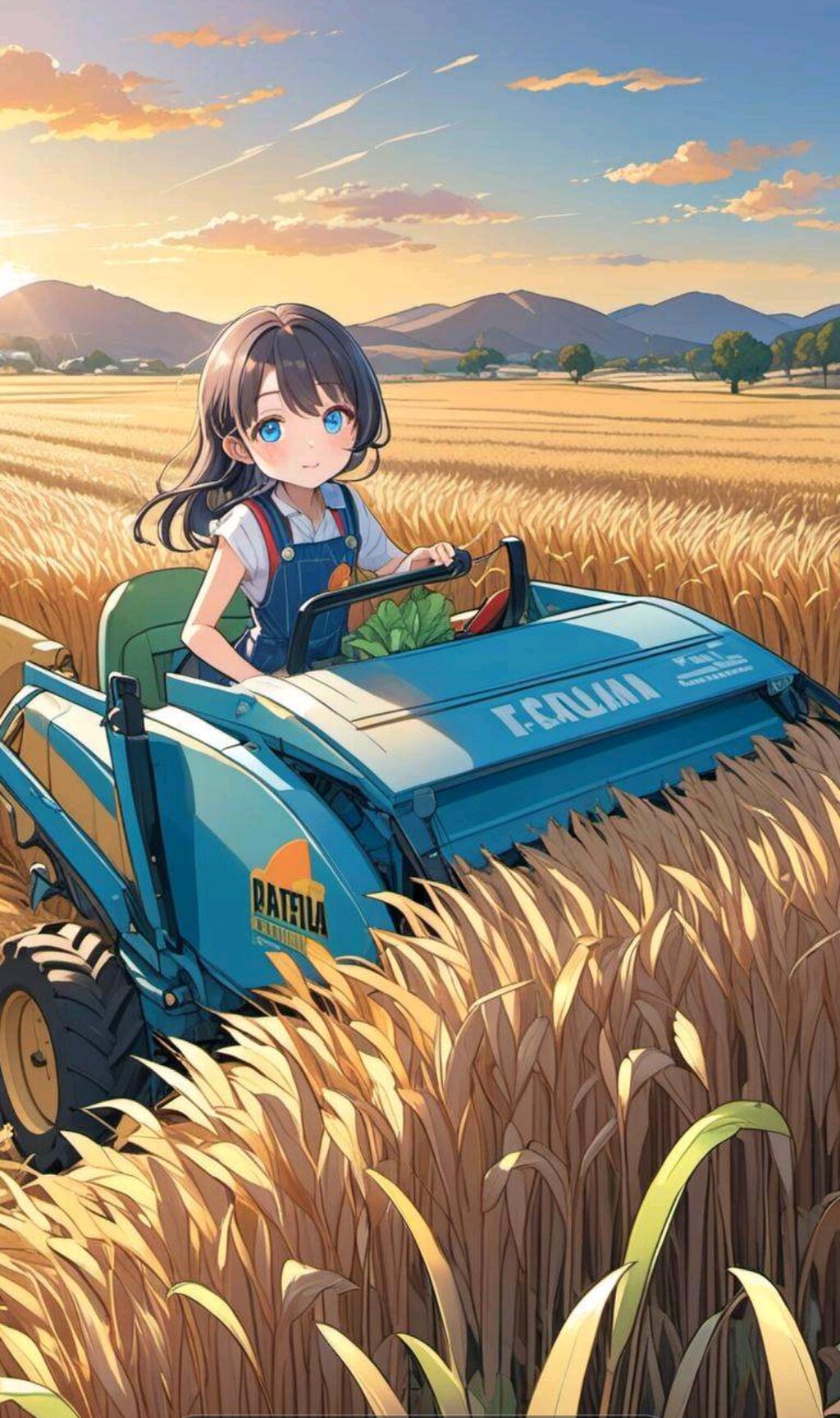 コンバインを操縦する小さな女の子