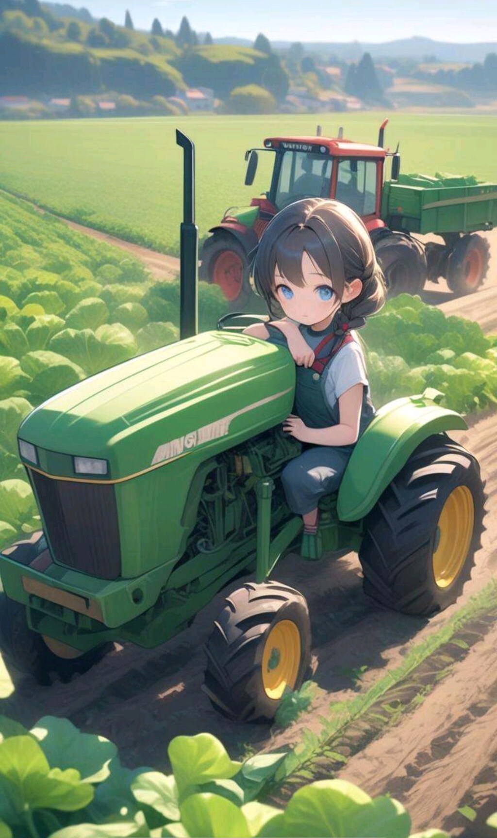 コンバインを操縦する小さな女の子