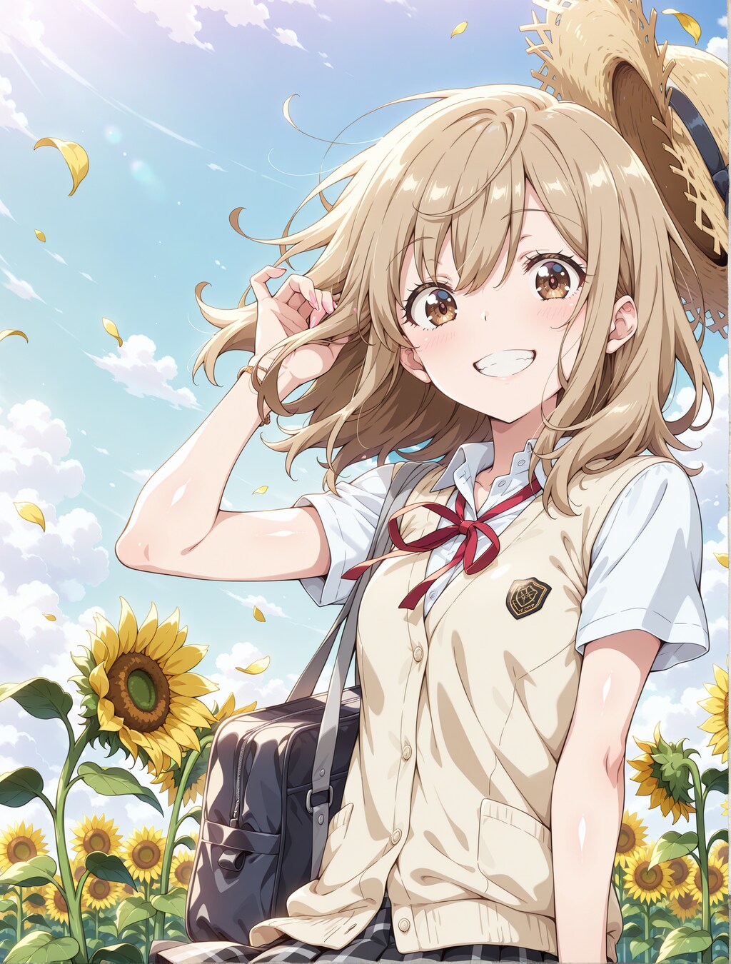 ひまわりと麦わら帽子