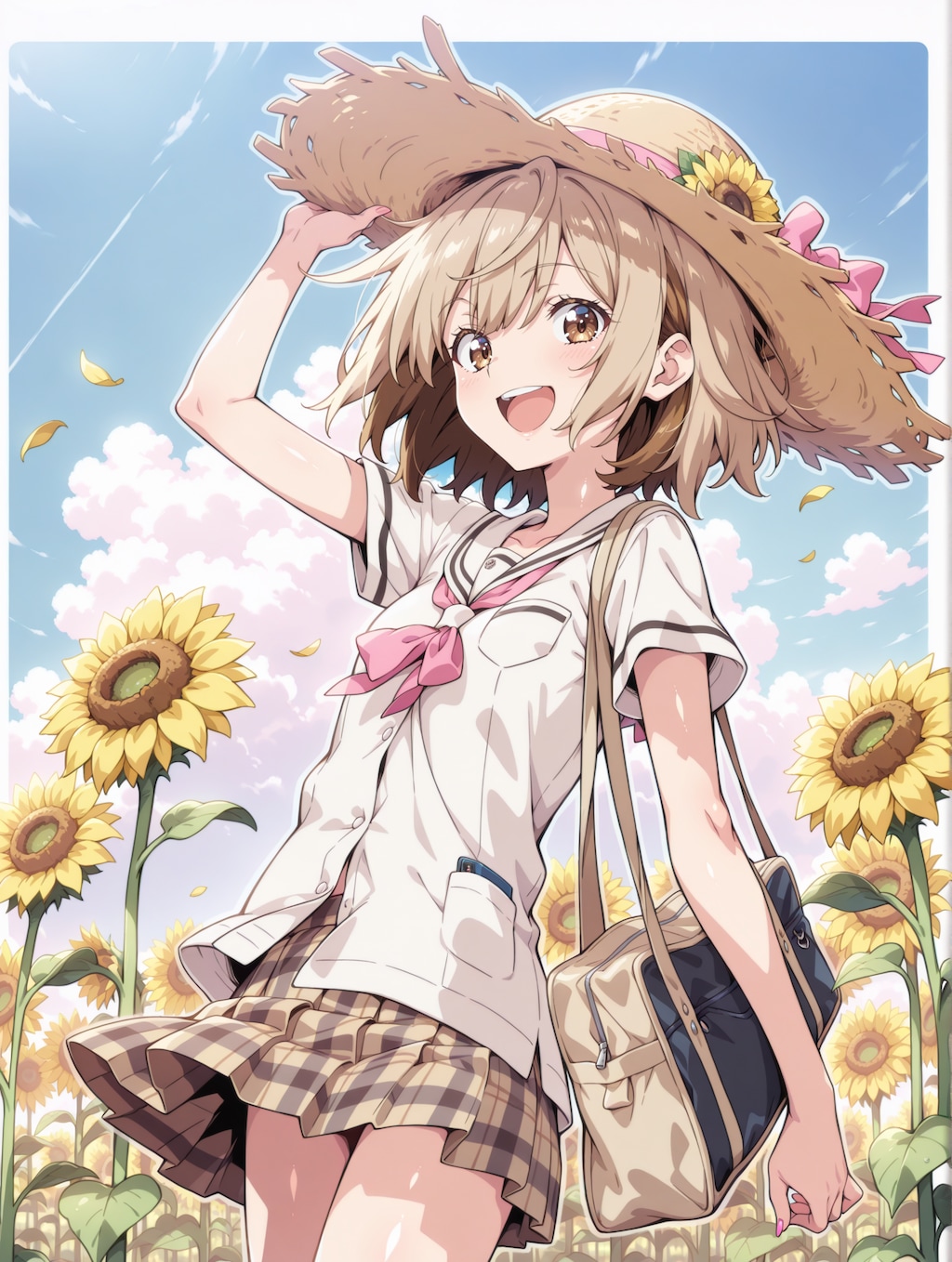 ひまわりと麦わら帽子