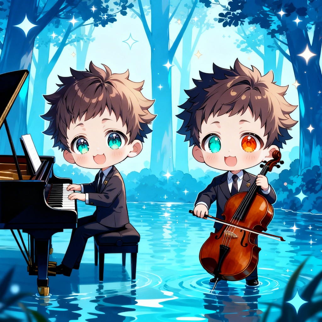 ピアノ・チェロを演奏する少年