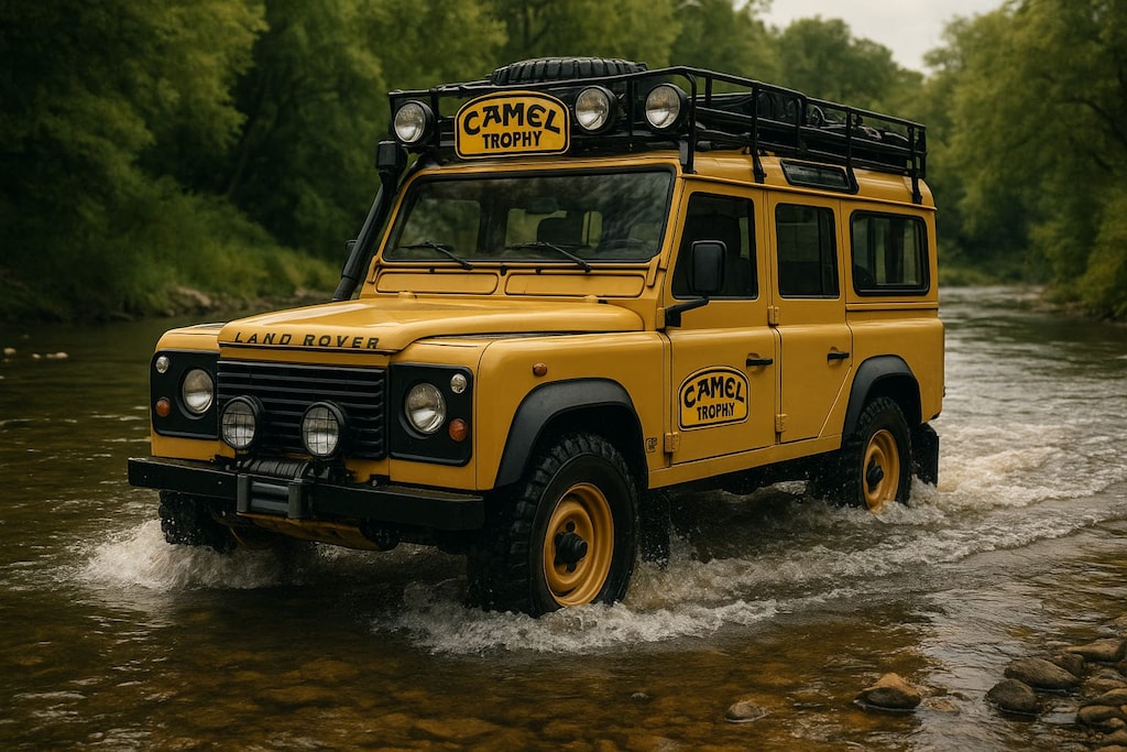 ランドローバーディフェンダー　キャメルトロフィー仕様の川渡り