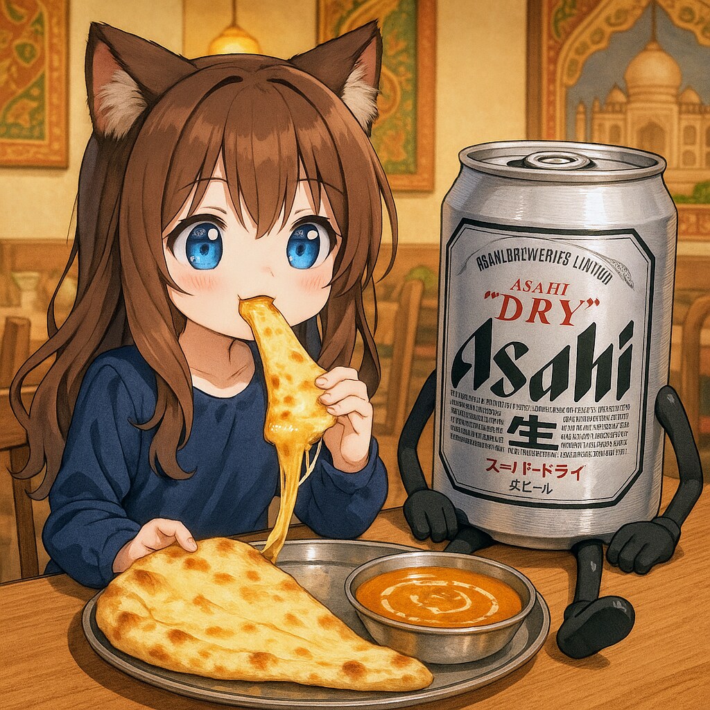 チーズナン＆カレーセットを食べる小さな女の子