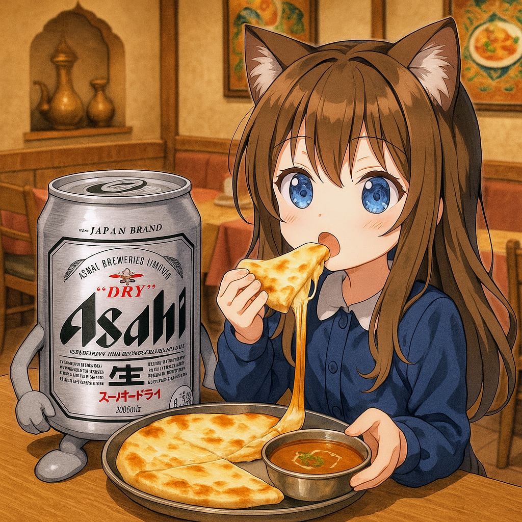 チーズナン＆カレーセットを食べる小さな女の子