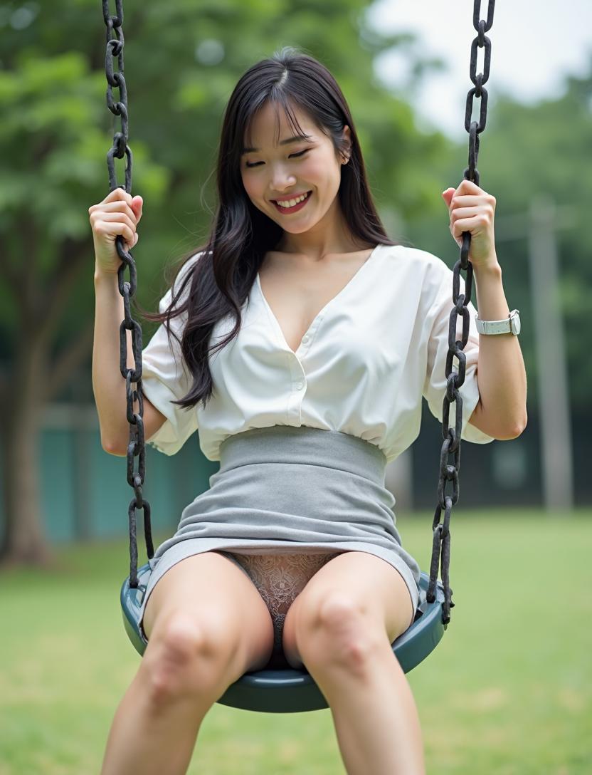 ブランコに乗るOLさん