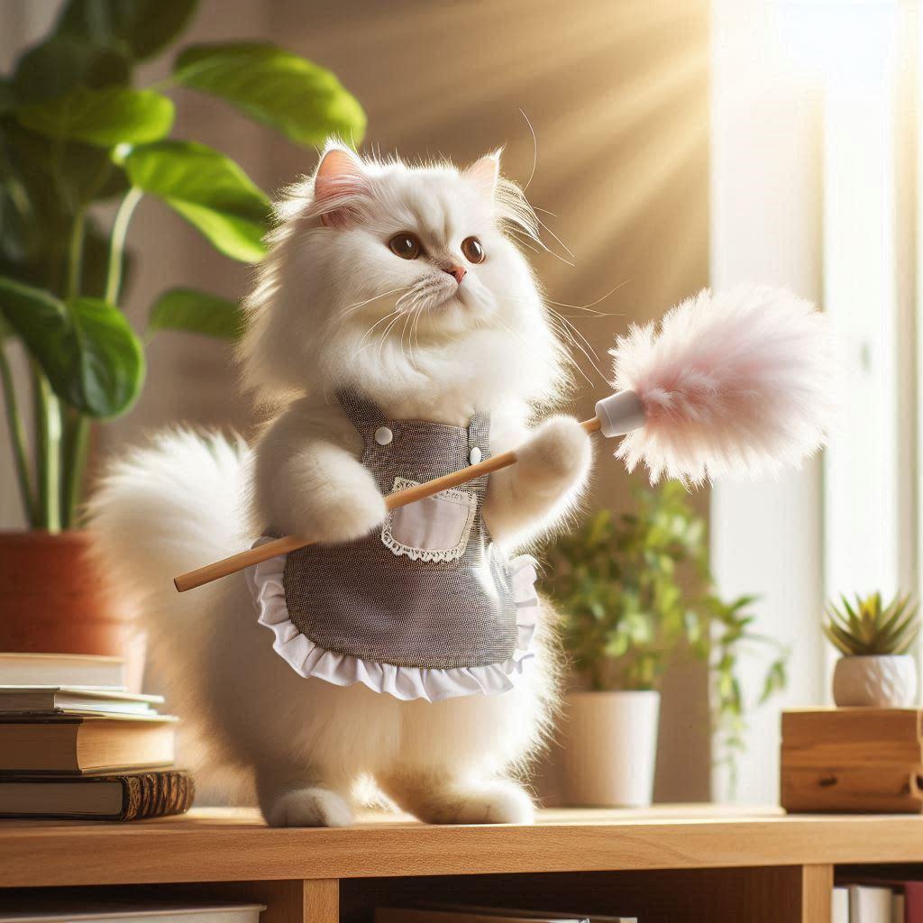 掃除する猫