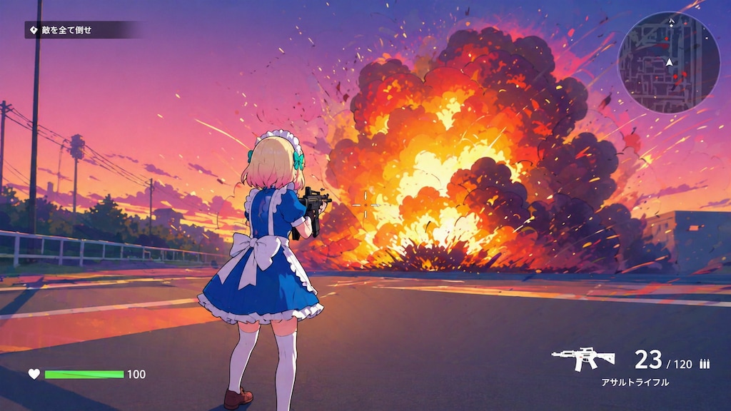 夕暮れの戦闘と爆発