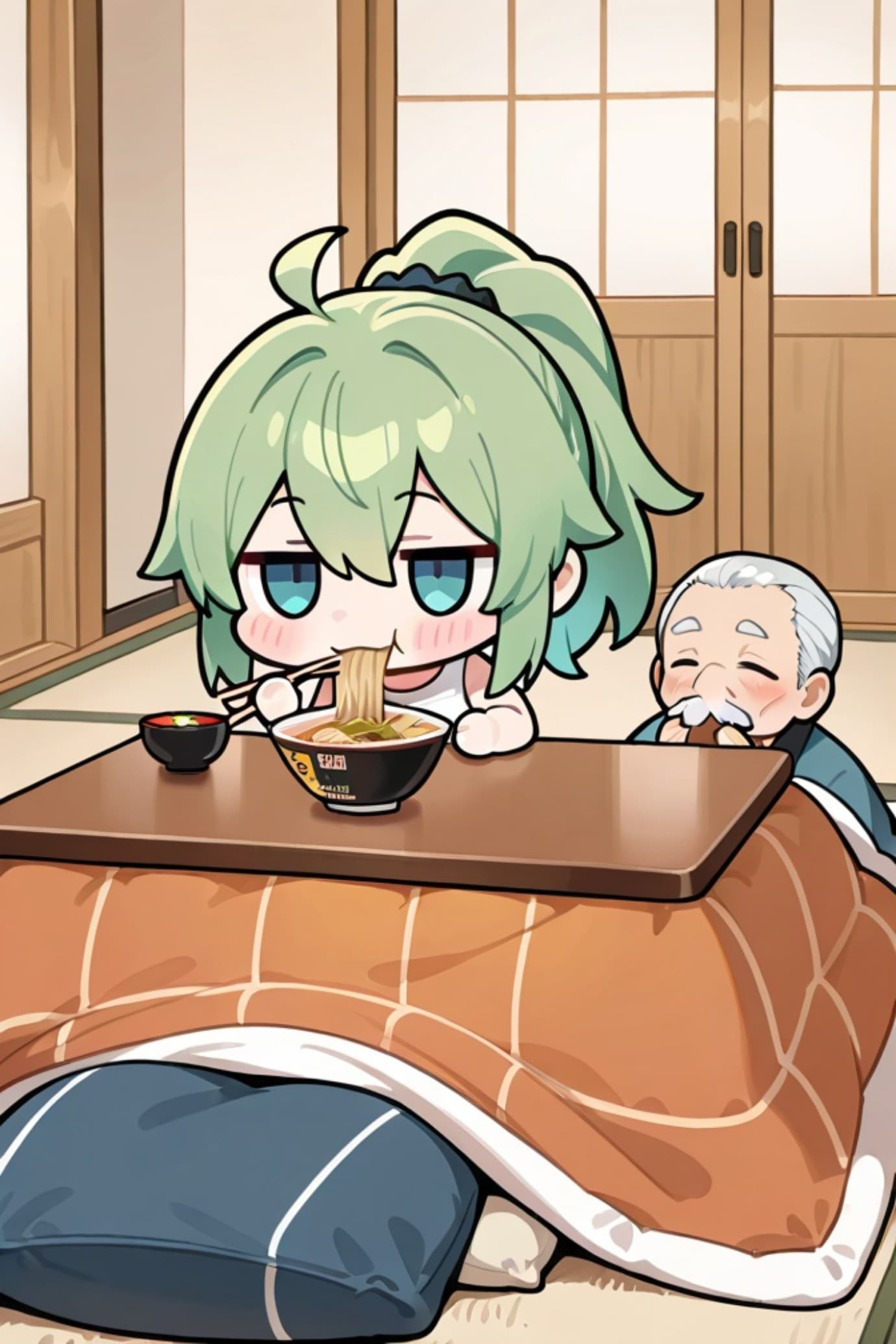 ラーメンを食べる緑髪ちゃんと知らないおじさん | の人気AIイラスト・グラビア