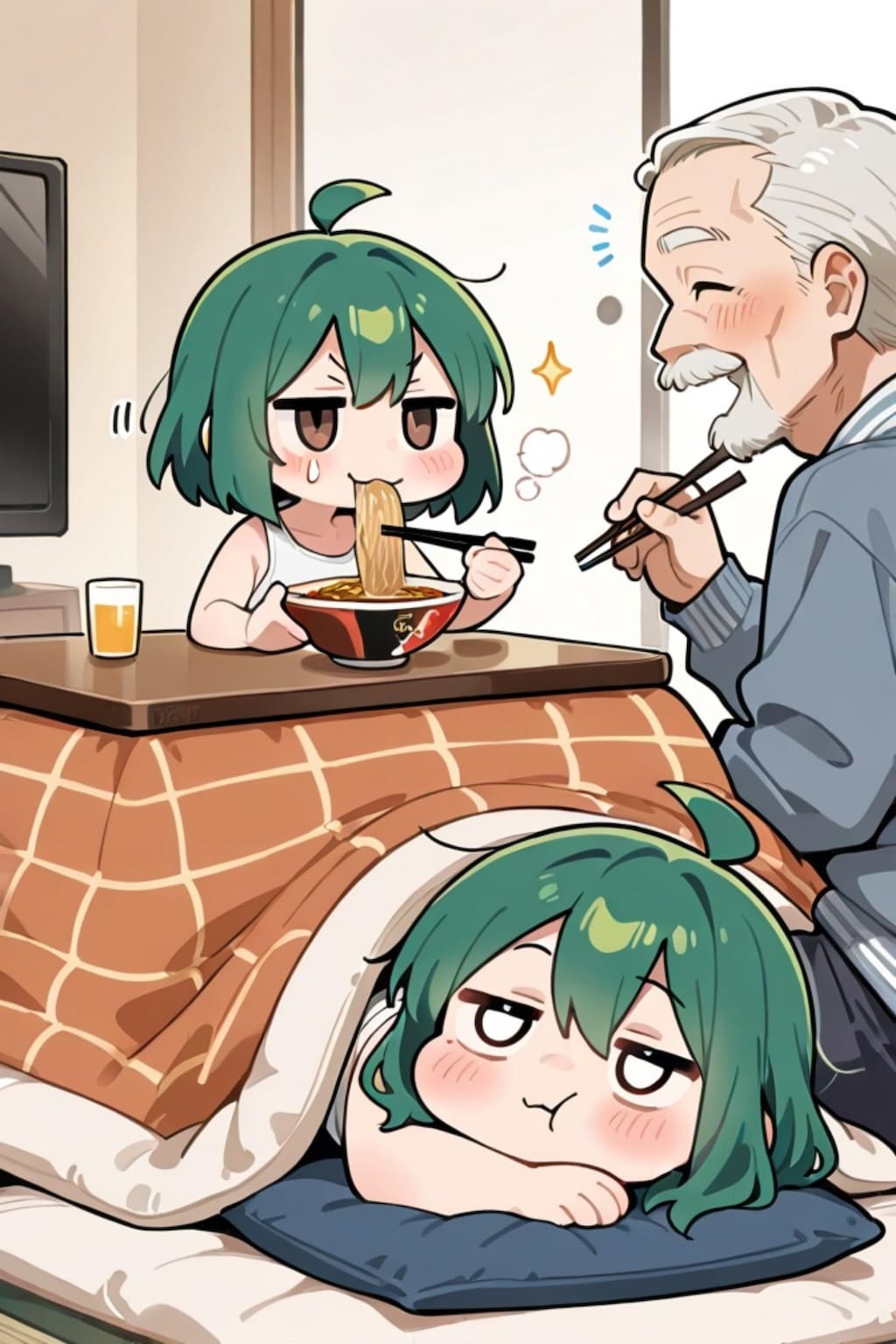 ラーメンを食べる緑髪ちゃんと知らないおじさん