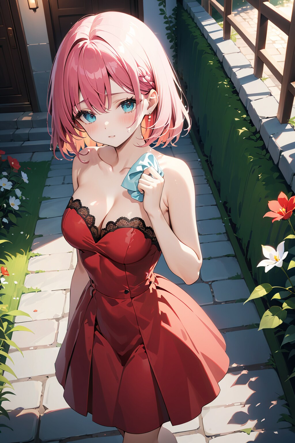 涙ぐむ赤いドレスの少女