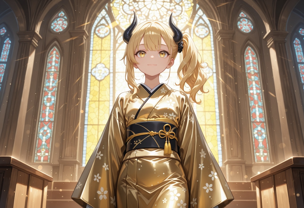 教会と黄金着物な女鬼高生さん