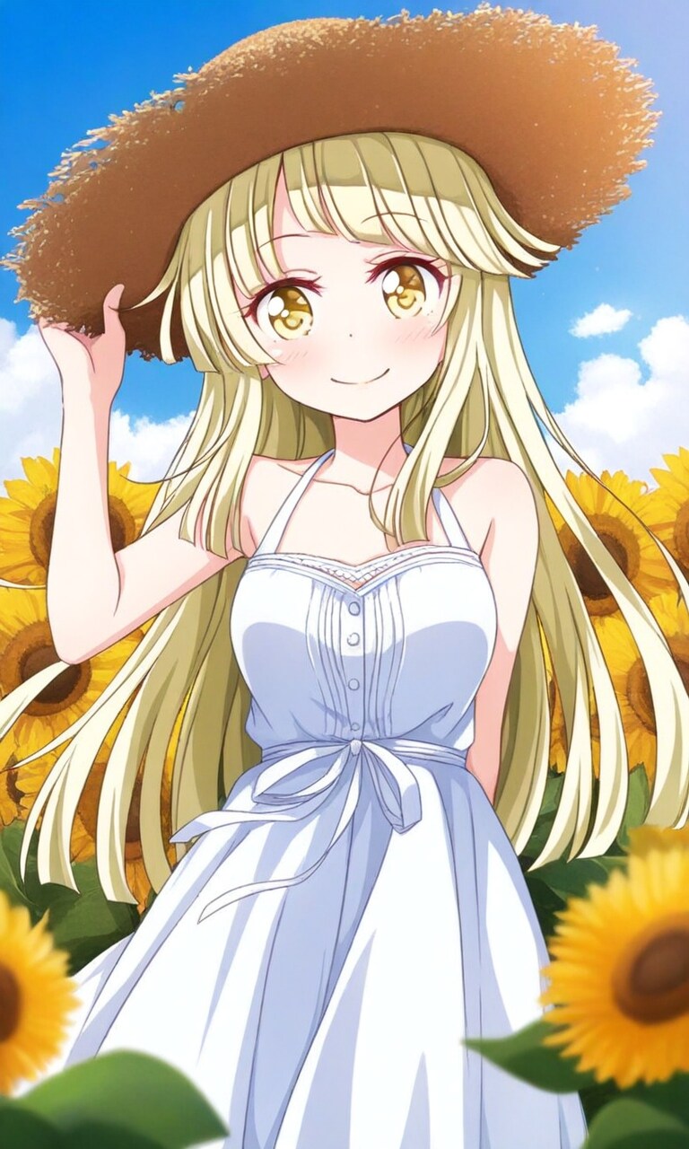 弦巻こころ 麦わら帽子とワンピース ひまわり畑