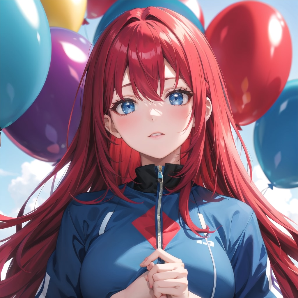 いっぱい色とりどりの風船を持つ赤い髪ロングの青いジャージ着た美少女