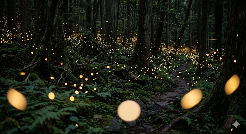 「ヒメボタルの光が織りなす幻想的な森」