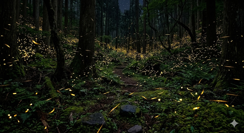 「ヒメボタルの光が織りなす幻想的な森」