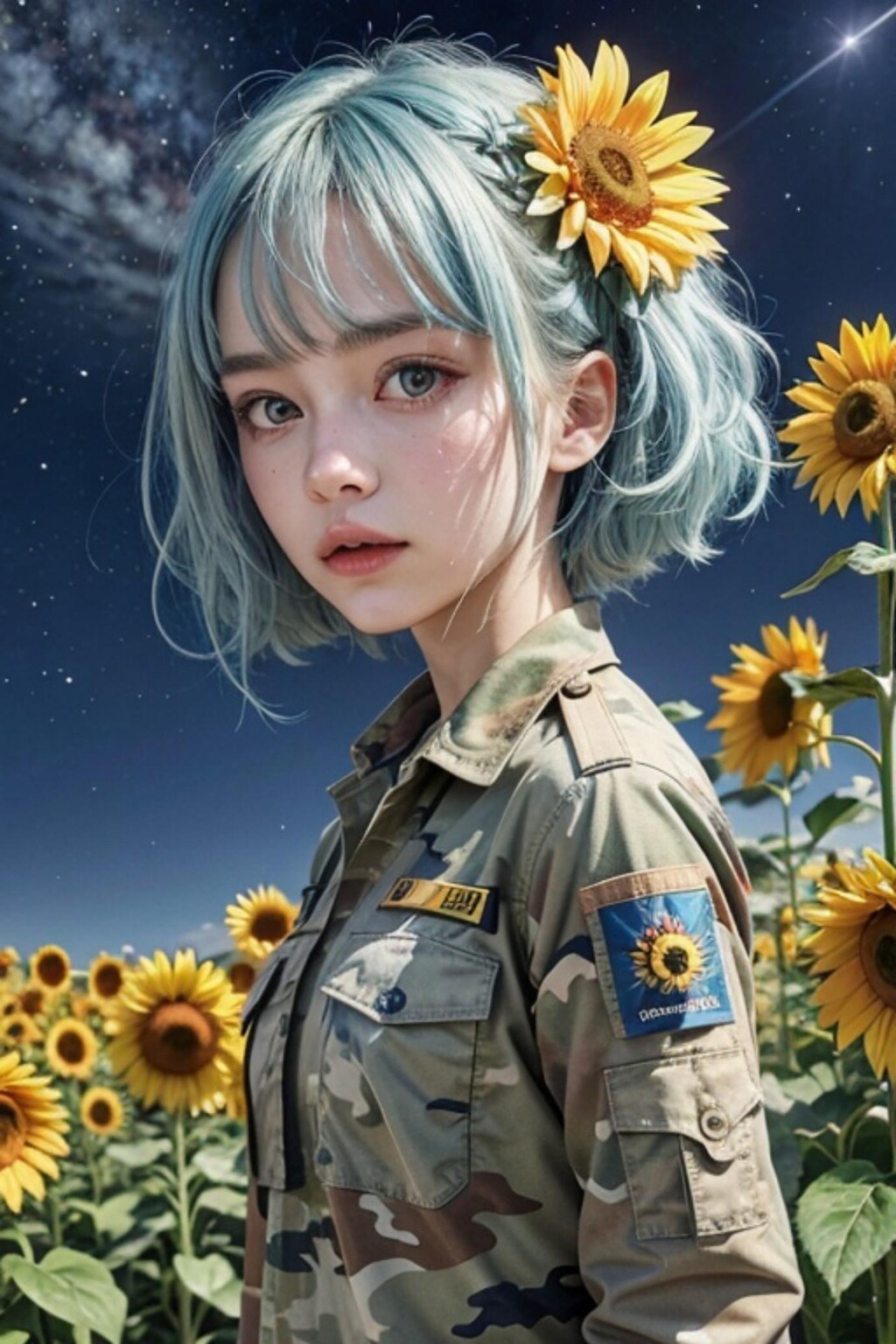 ひまわりと青髪の人