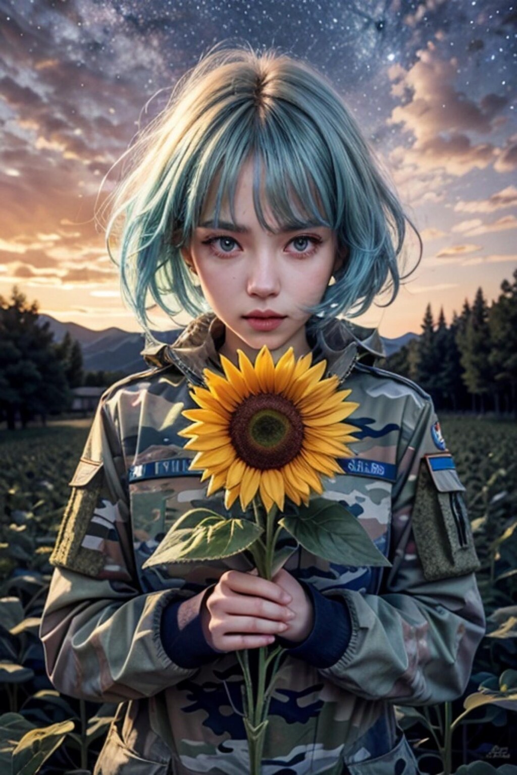 ひまわりと青髪の人