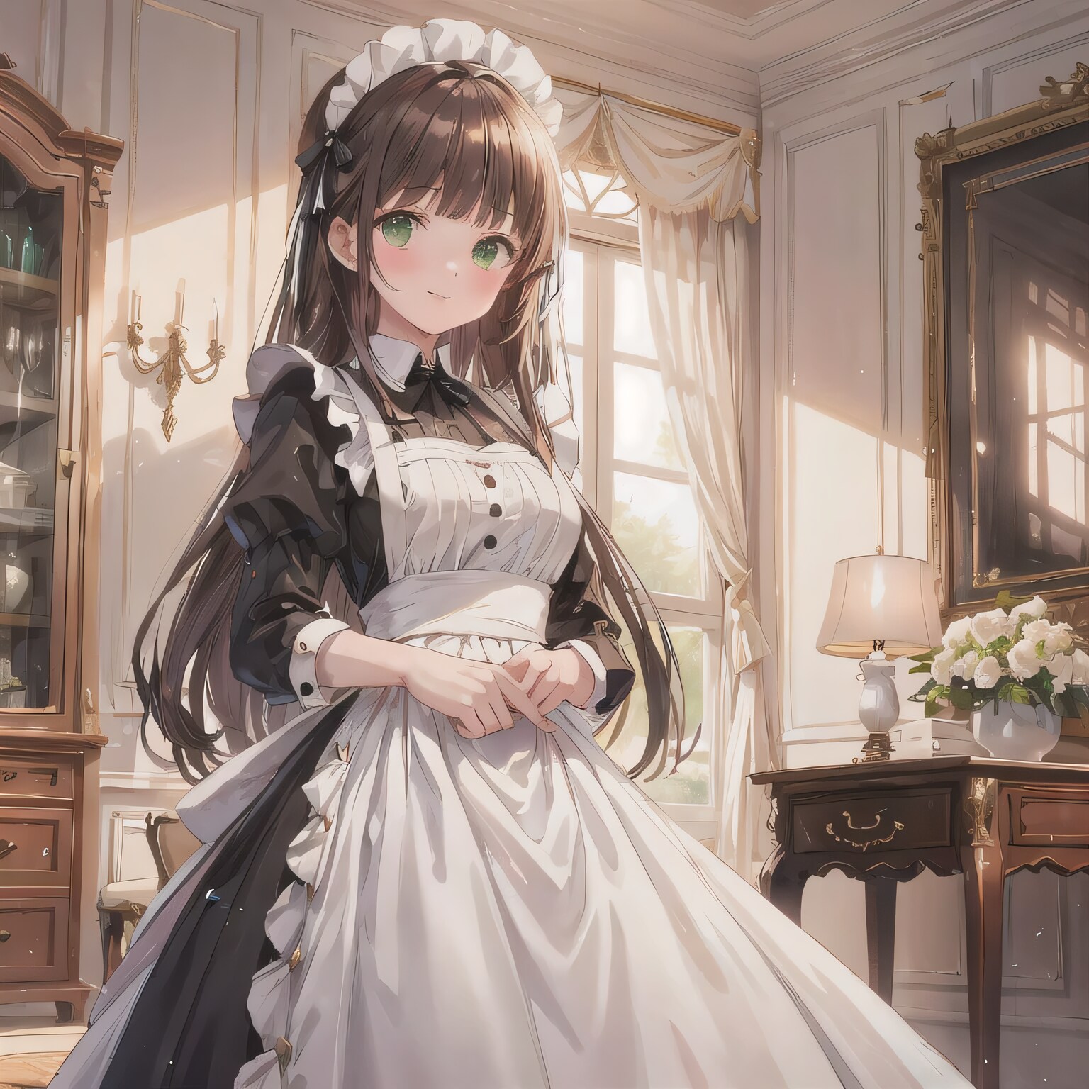 茶髪ロングでメイド服の少女８ | の人気AIイラスト・グラビア