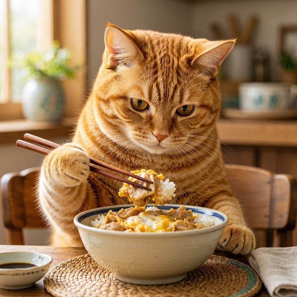 親子丼を食べる猫