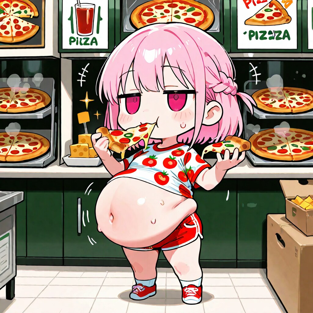 ピザを食べるピンク髪ちゃん