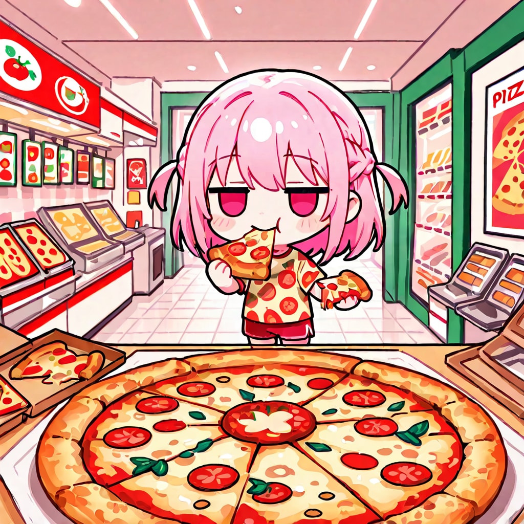ピザを食べるピンク髪ちゃん
