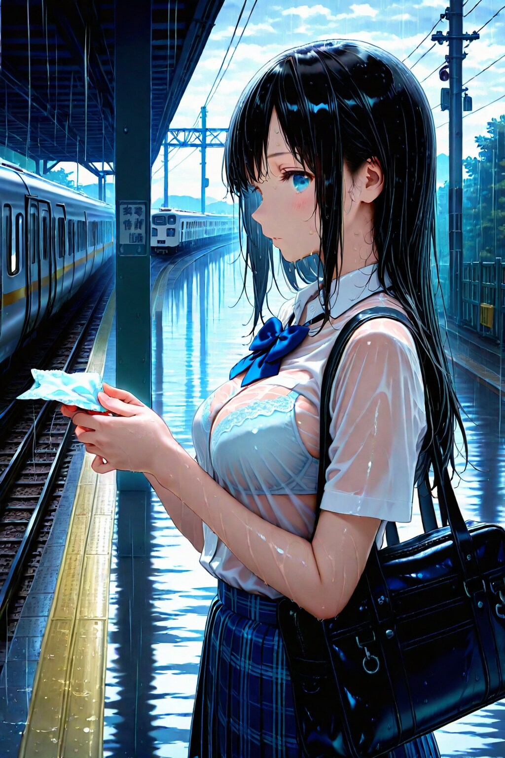 びしょ濡れで駆け込んだ、駅のホーム２