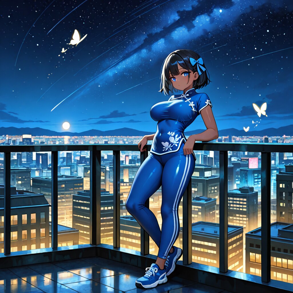 Anime girl at night on the balcony