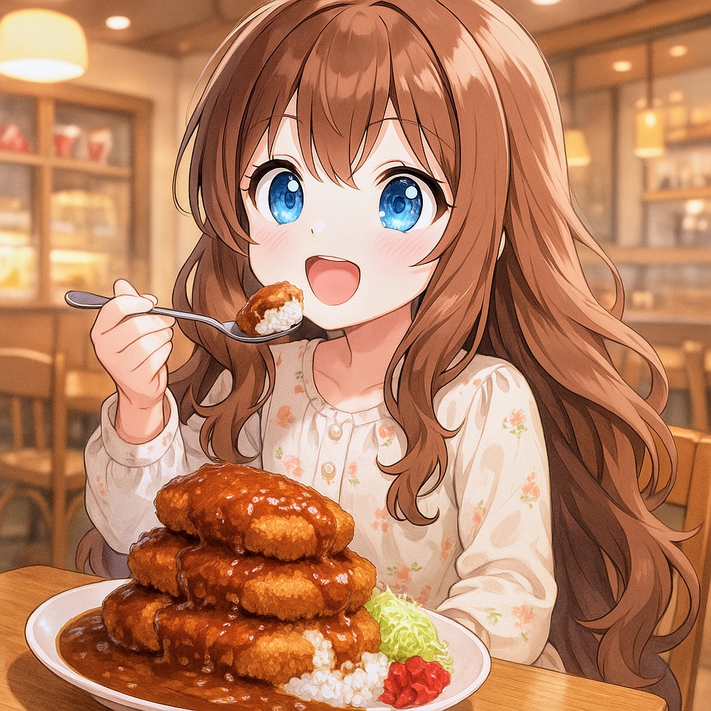 カツカレーを食べる小さな女の子