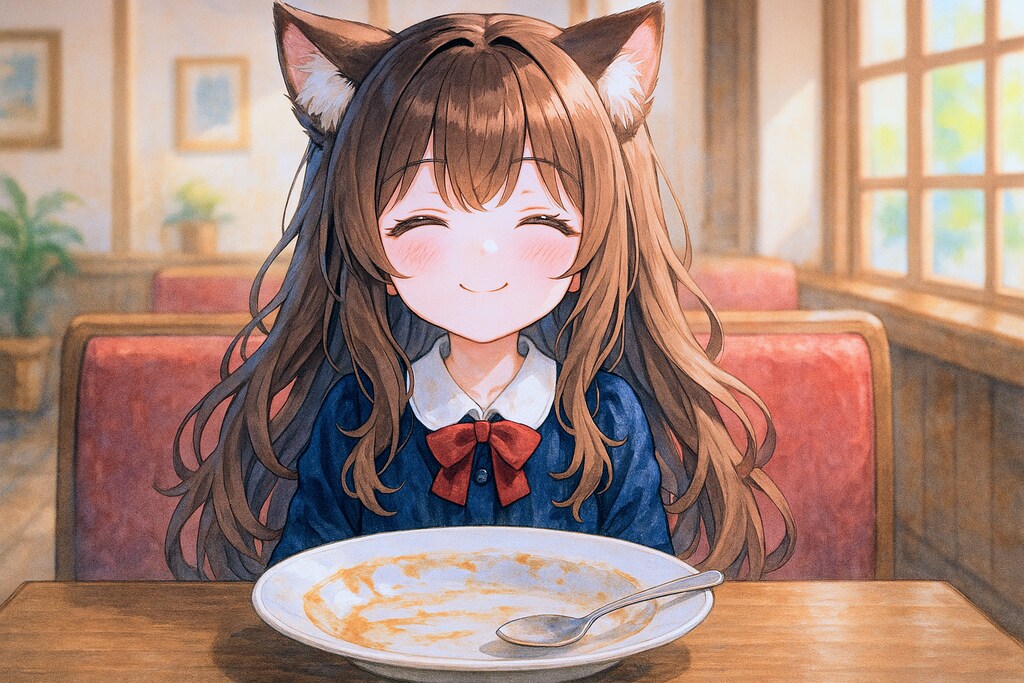 カツカレーを食べる小さな女の子