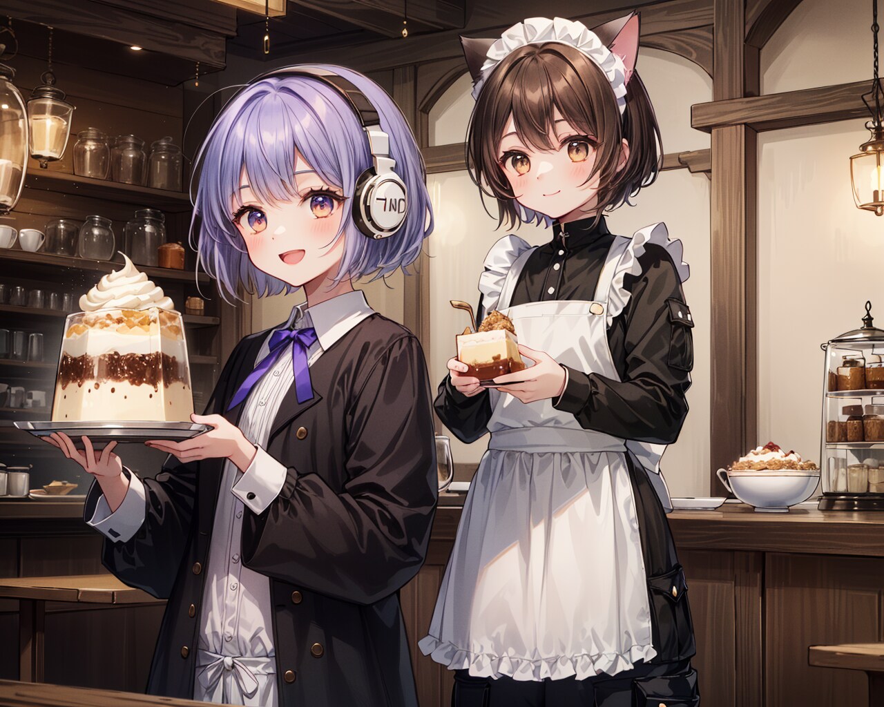 ヘッドフォン華憐嬢にジャンボプリンパフェを振舞う喫茶店で働く猫娘