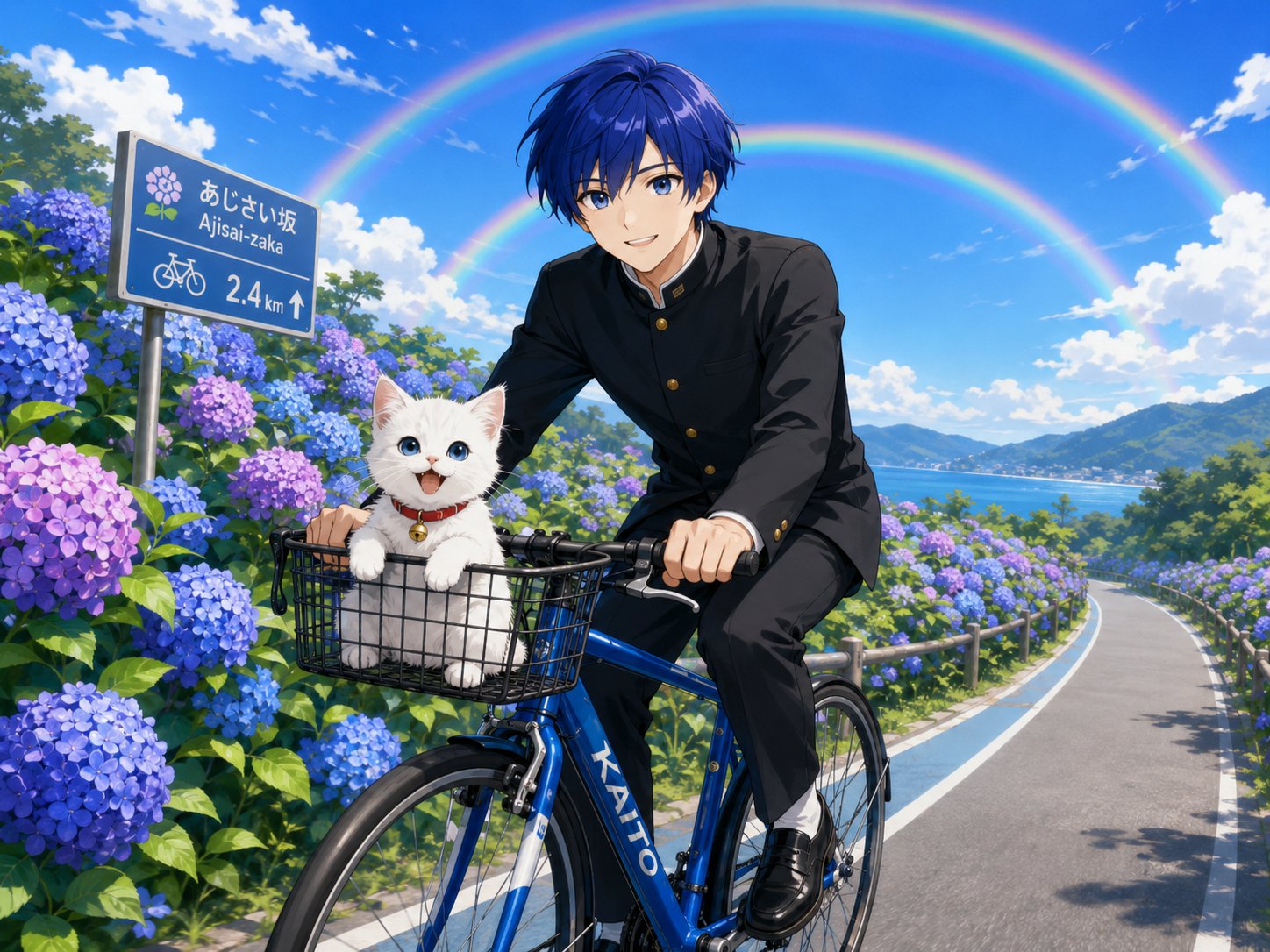 子猫を乗せてサイクリングするKAITO | の人気AIイラスト・グラビア