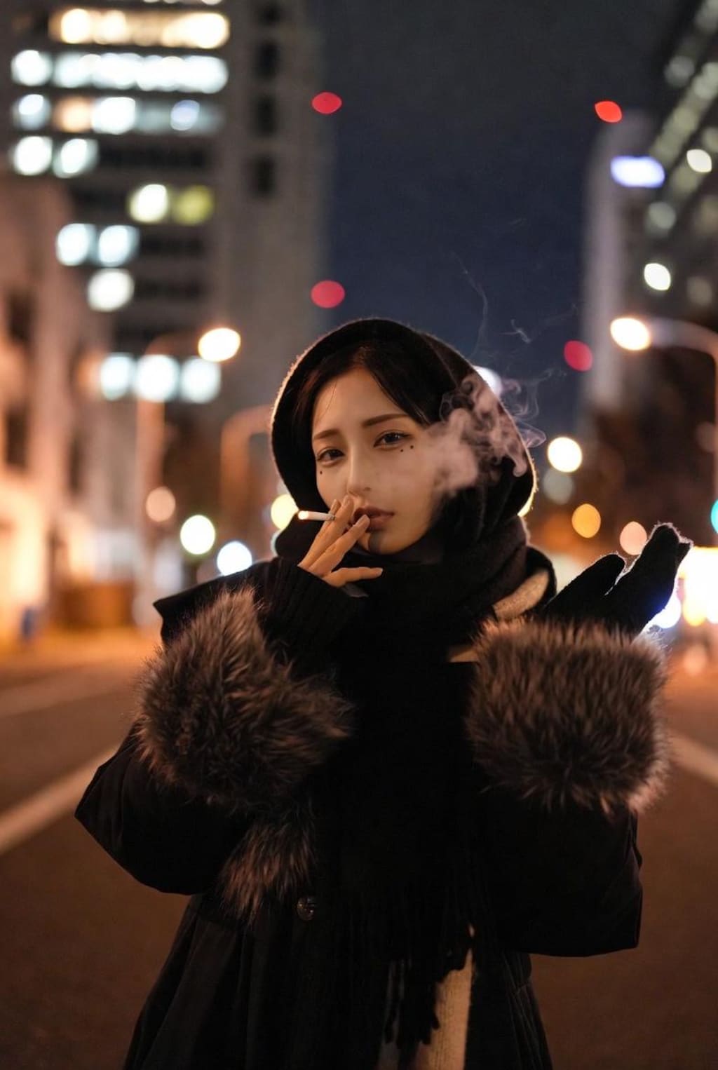 タバコを吸う古着好きの女性