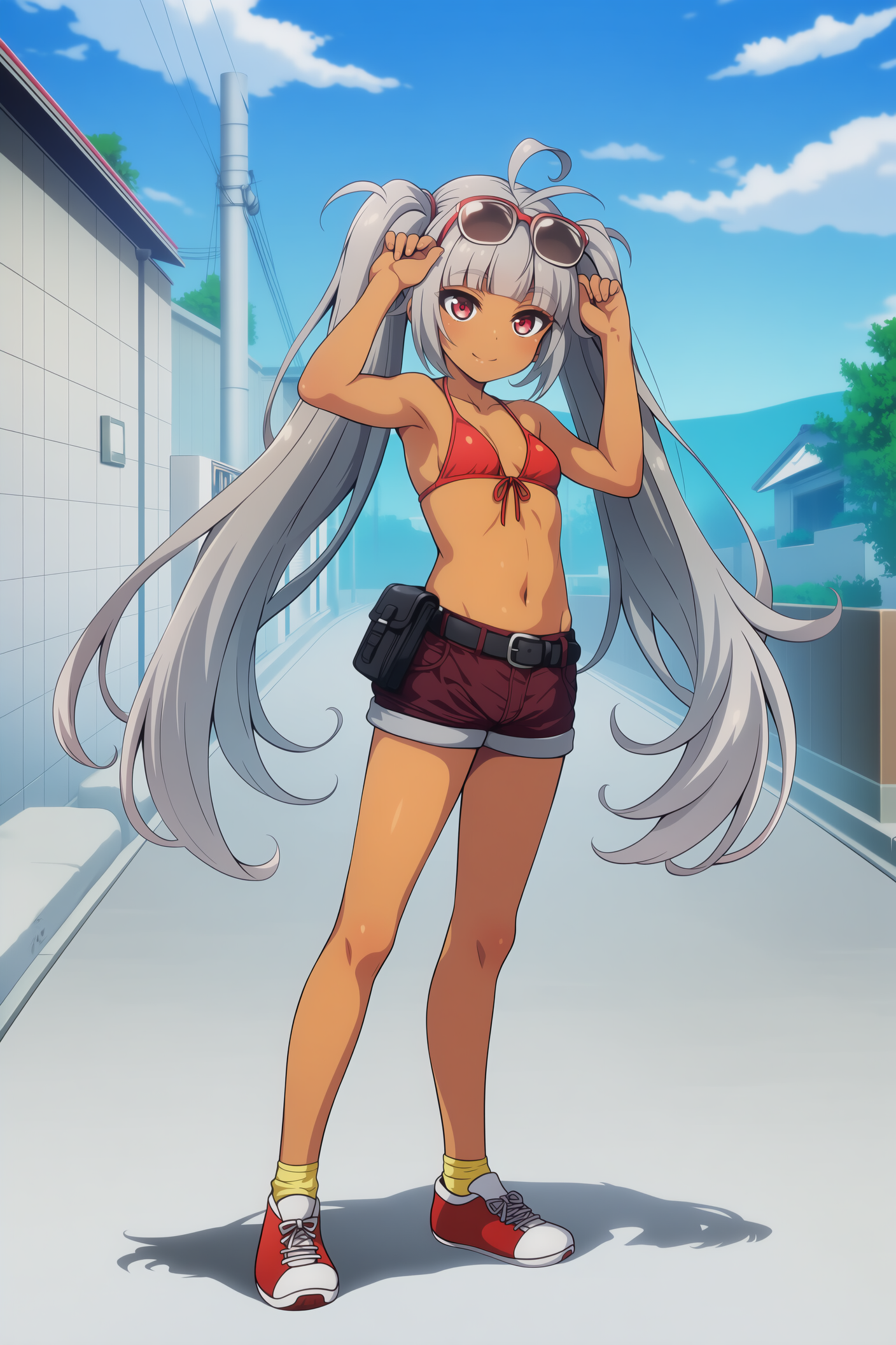 ビキニ+ホットパンツでサングラスなな褐色ツインテールさん
