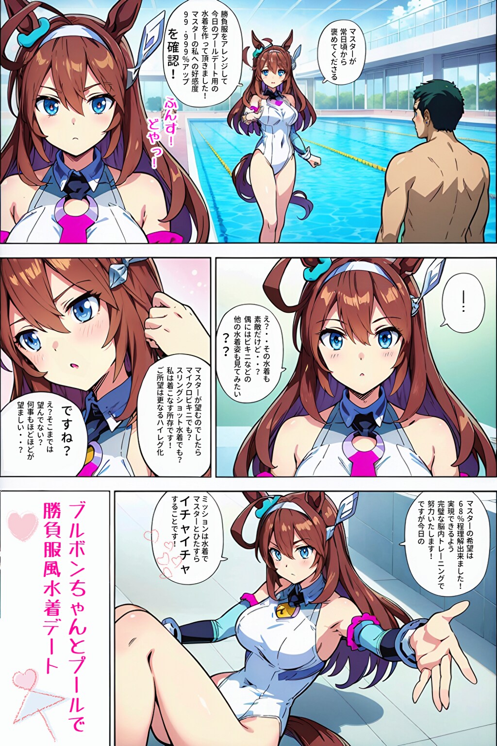 ウマ娘漫画♪「ブルボンちゃんとプールで勝負服風水着デート」（AIちゃんお任せ漫画、基礎AURA、アニメ塗SD仕上げ）