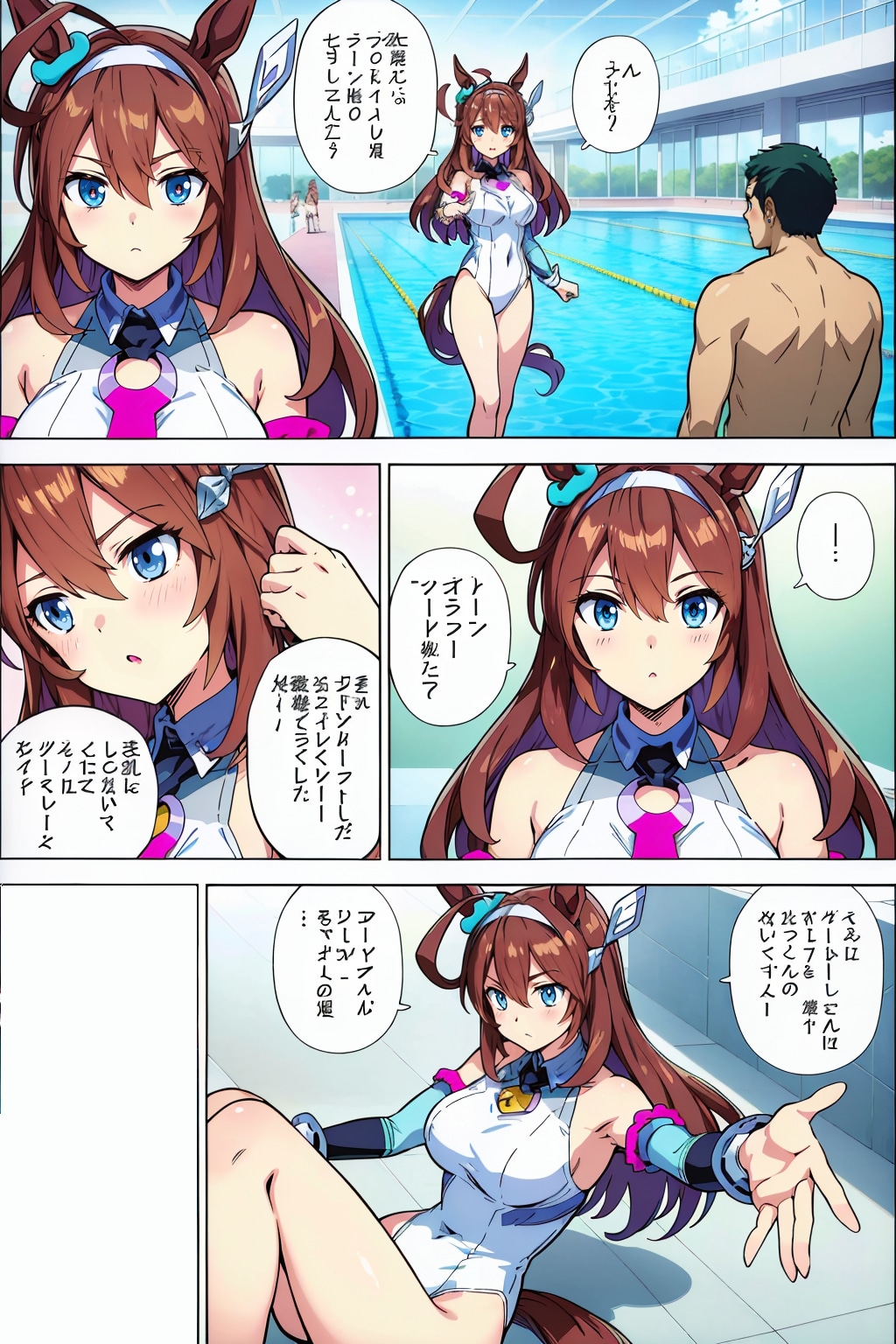 ウマ娘漫画♪「ブルボンちゃんとプールで勝負服風水着デート」（AIちゃんお任せ漫画、基礎AURA、アニメ塗SD仕上げ）