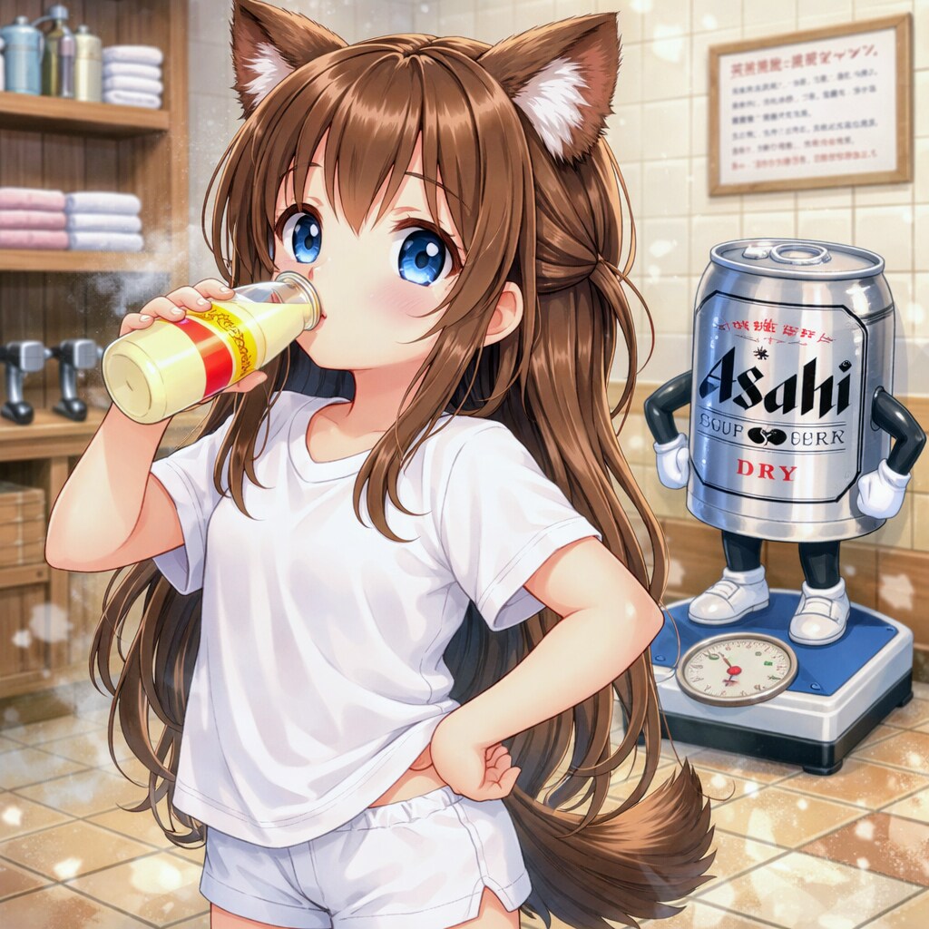 風呂上がりにフルーツ牛乳を飲む小さな女の子