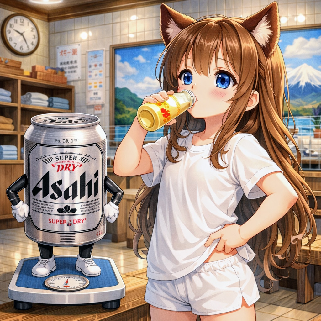 風呂上がりにフルーツ牛乳を飲む小さな女の子 | の人気AIイラスト・グラビア