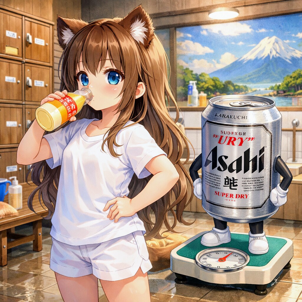 風呂上がりにフルーツ牛乳を飲む小さな女の子