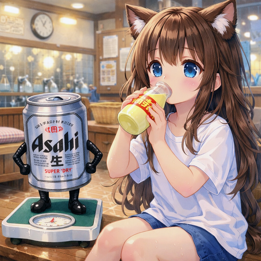 風呂上がりにフルーツ牛乳を飲む小さな女の子