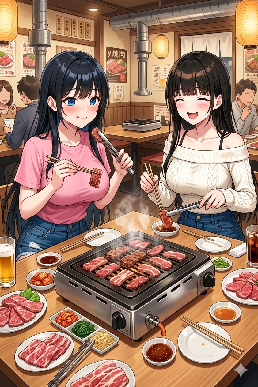 美鈴ちゃんとサキちゃんの焼肉会 | の人気AIイラスト・グラビア