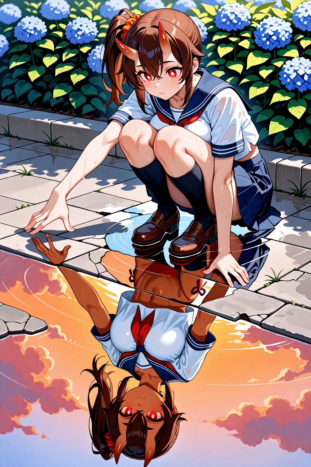 水たまりに映る鬼の子
