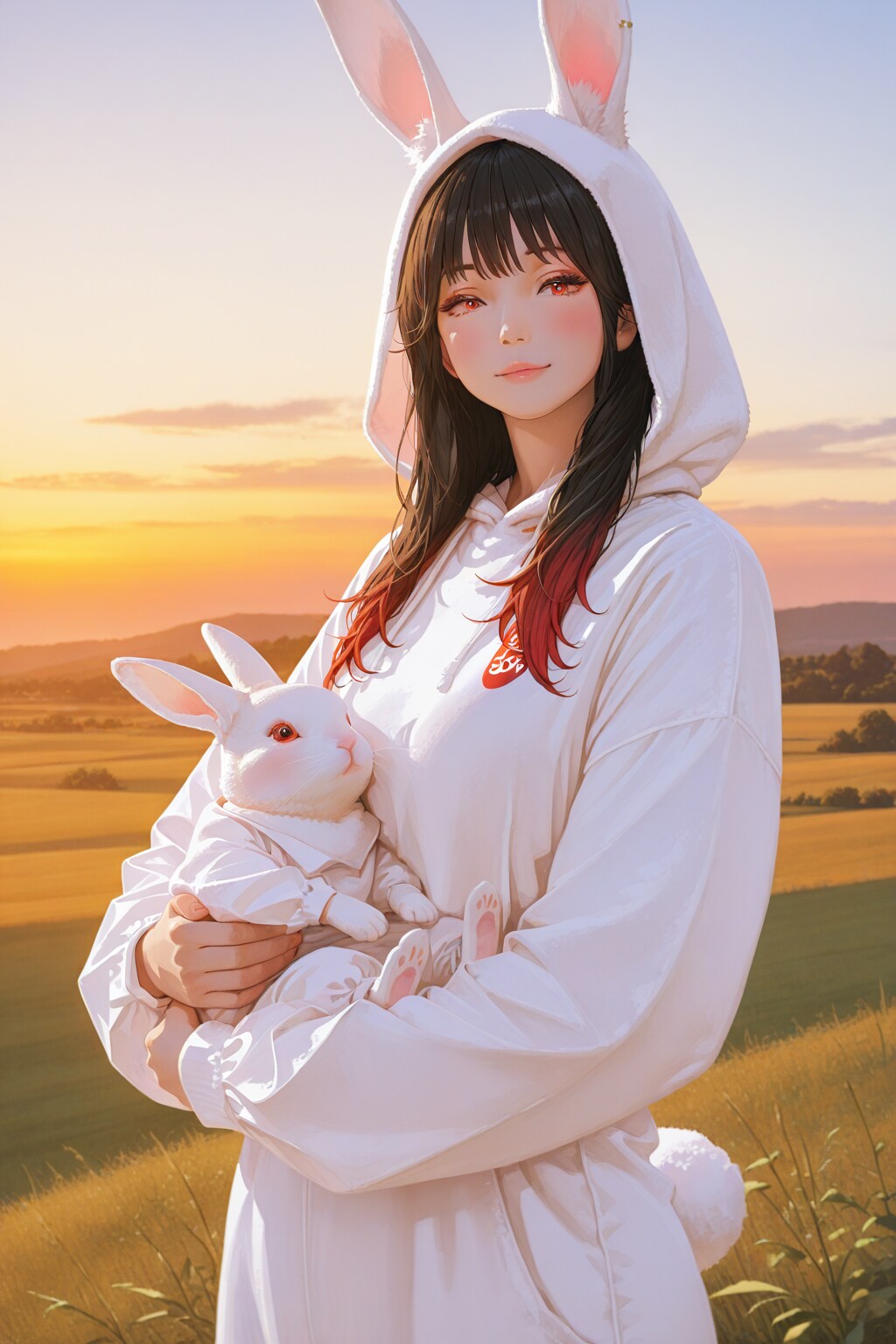 白いウサギの着ぐるみを着た少女が、子ウサギと遊ぶ