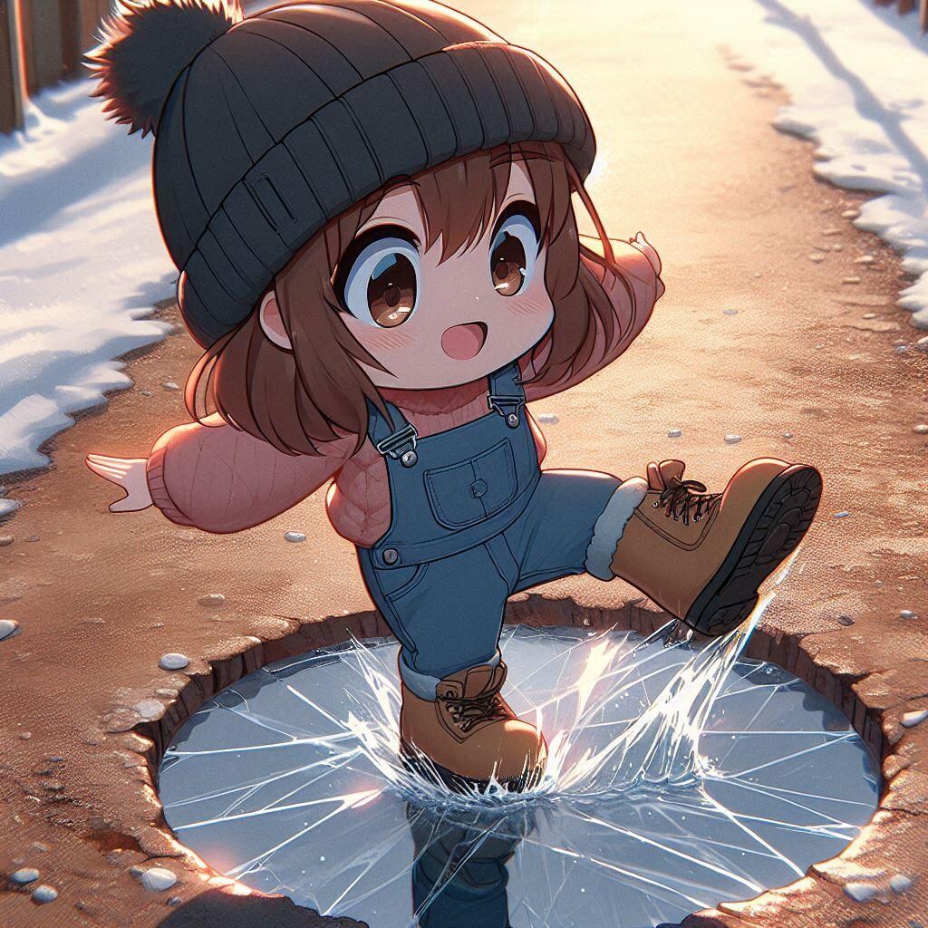 水たまりに氷が張ったよ！