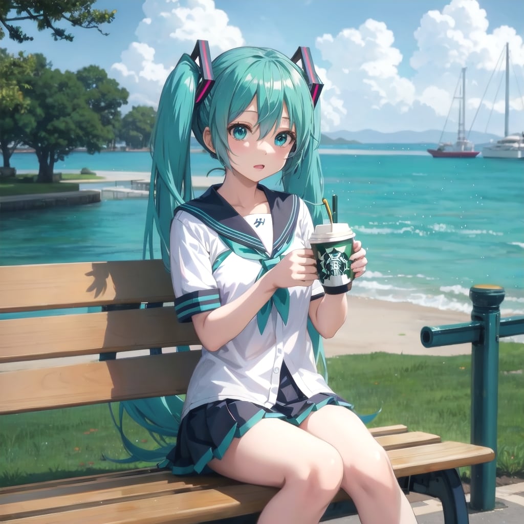 公園ベンチでコーヒー