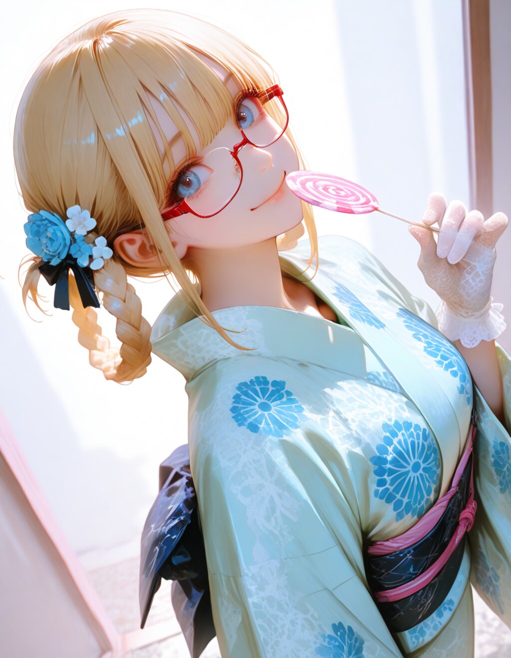 red eyewear, と hair ring,