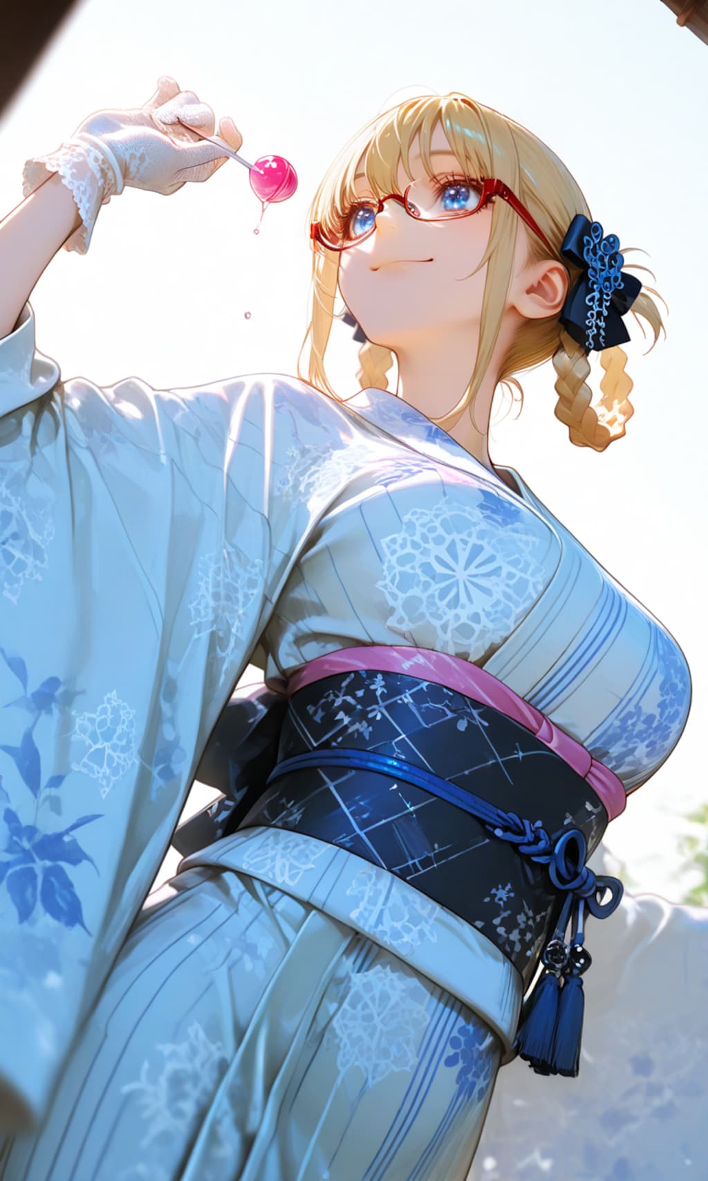 red eyewear, と hair ring,