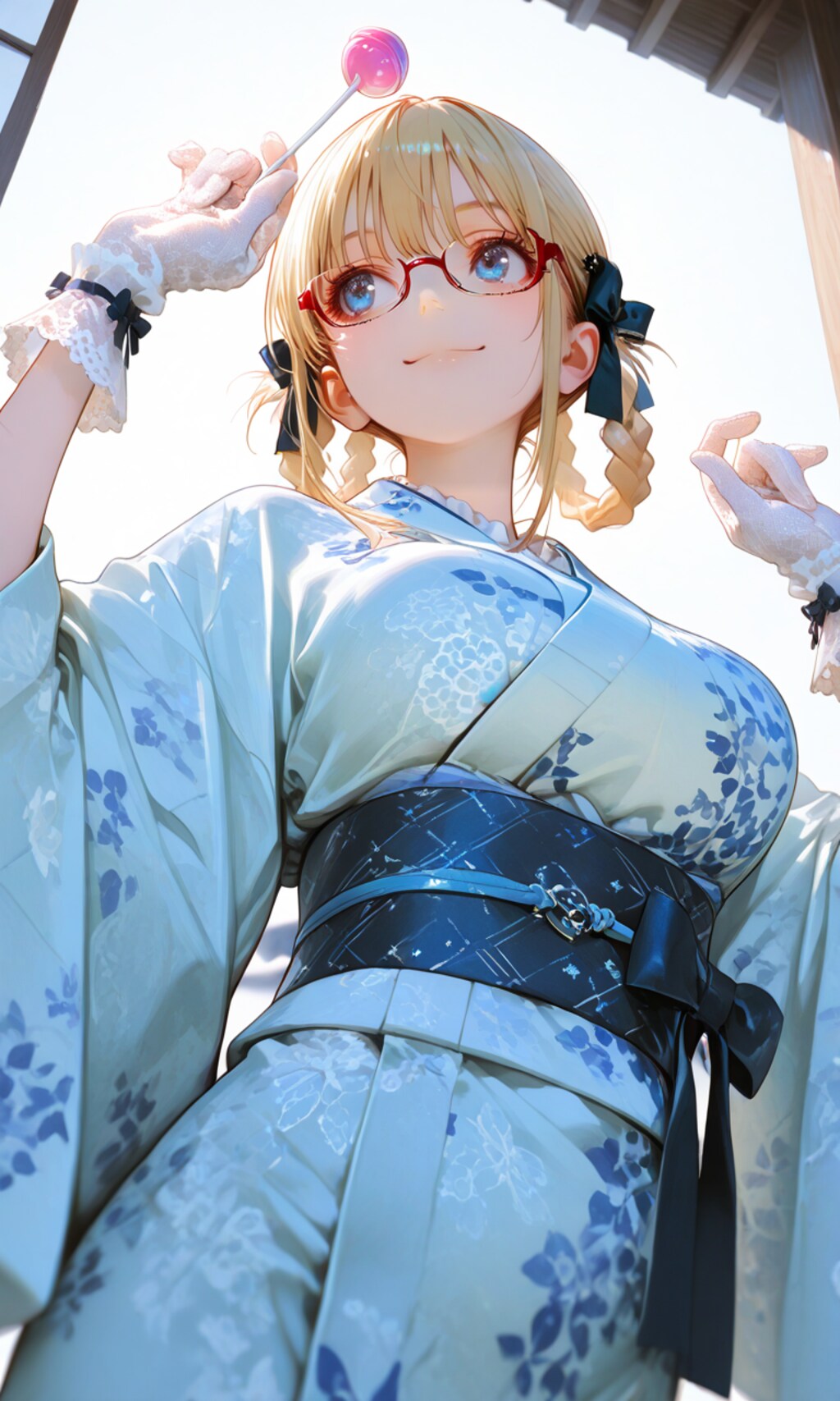 red eyewear, と hair ring,