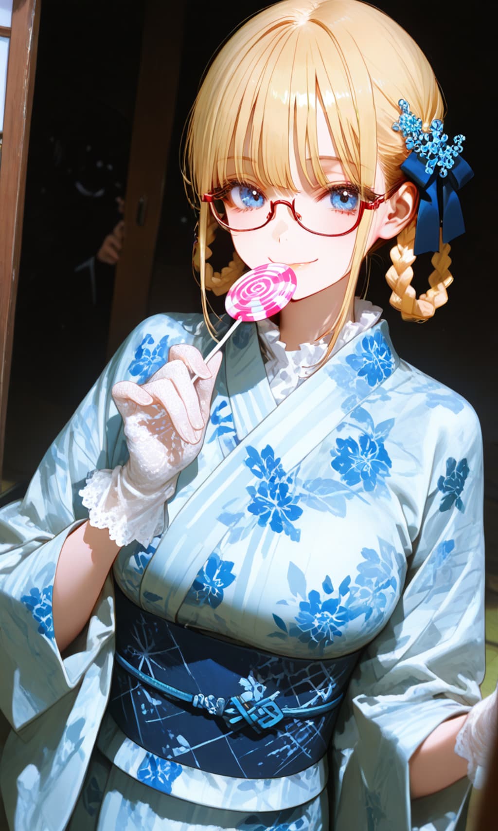 red eyewear, と hair ring,