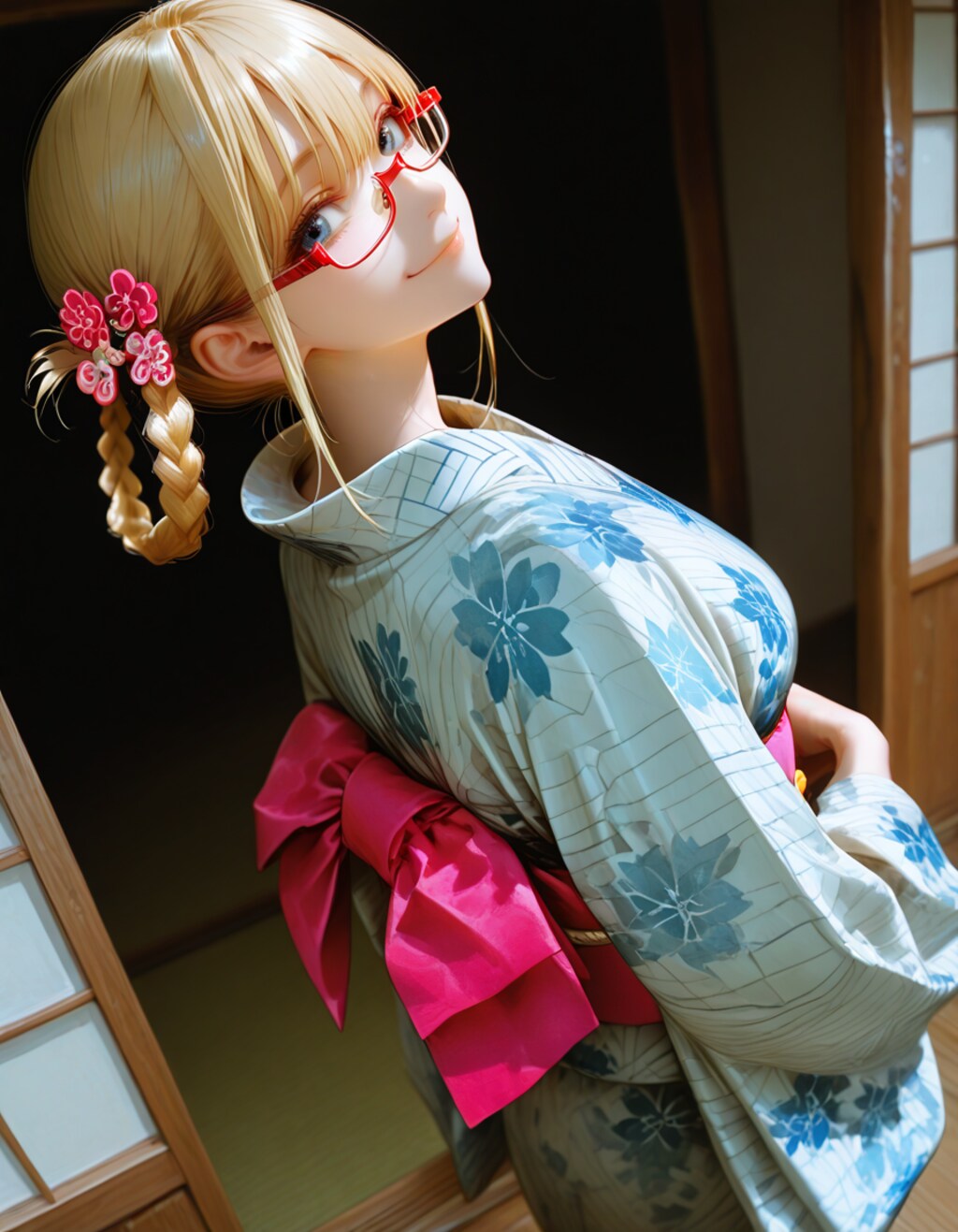 red eyewear, と hair ring,